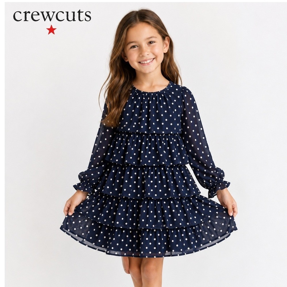 Crewcuts Girls Navy Polka Dot Tiered Ruffle Dress Lined Party Special Occasion